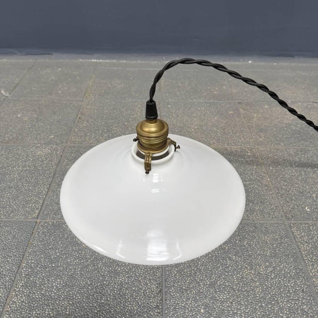 Vintage White Opaline Bowl Pendant Lamp with Brass Fitting, 1930s For Sale - Image 9 of 12