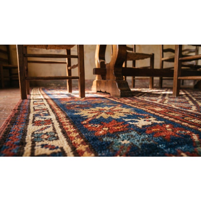 Textile 1880s Ivory Blue Diamond Hank Knotted Antique Caucasian Rug 4'0" X 8'0" Wool Carpet For Sale - Image 7 of 7