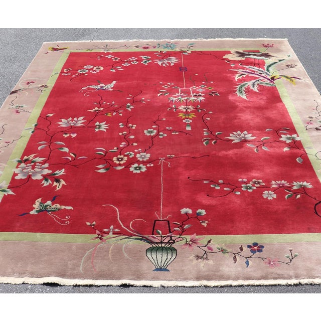 Antique Art Deco Rug in Rich Red Field With Light Grey and Floral Accents For Sale - Image 11 of 14