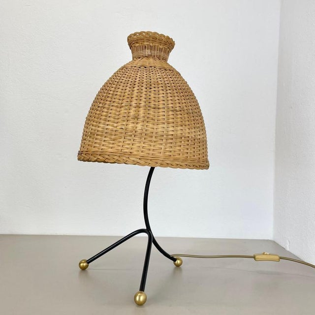 Vintage Austrian Metal and Rattan Tripod Table Light, 1960s For Sale - Image 3 of 18