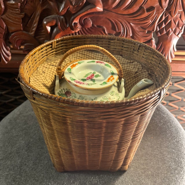 Chinese Antique Famille Rose Porcelain Tea Pot With Insulated Wicker Basket For Sale - Image 3 of 13