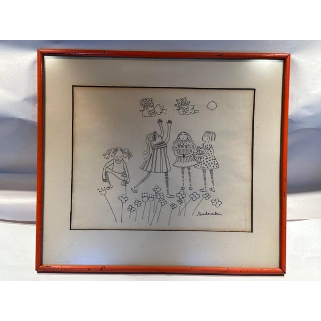 1950s Krystyna Sadowska, Mid Century Drawing of Girls With Flowers, Framed For Sale - Image 5 of 8