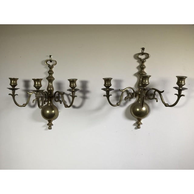 Mid 20th Century Vintage Three-Light Brass Candle Wall Sconces—A Pair For Sale - Image 5 of 8
