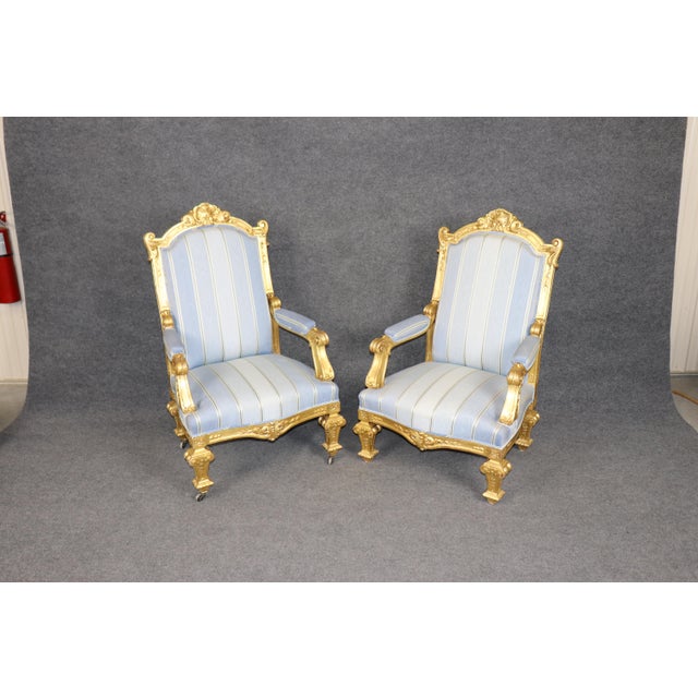 19th C. Pair French Napoleonic Style Armchairs, Giltwood & Blue Upholstery For Sale In Philadelphia - Image 6 of 16