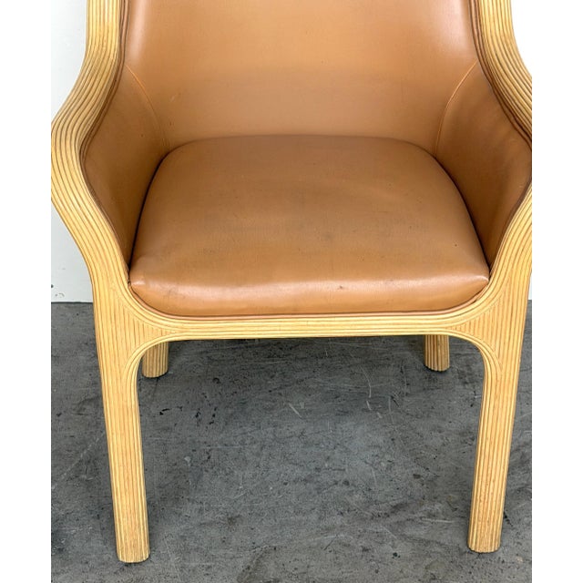 Pair of Karl Rausch for Baker "Linea Cara" Split-Reed Rattan & Leather Armchairs For Sale - Image 4 of 17