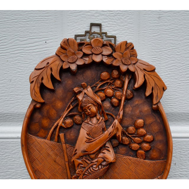 Vintage Chinese Hand Carved Wood Wall Plaque High Relief Asian Woman Flower Art For Sale - Image 12 of 13
