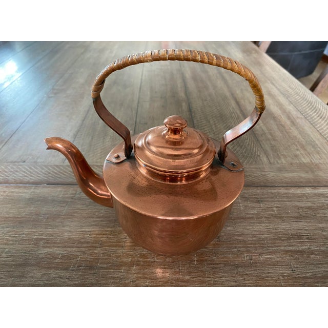 Antique Copper Tea Kettle With Rattan Handle, Made in Norway For Sale - Image 9 of 9
