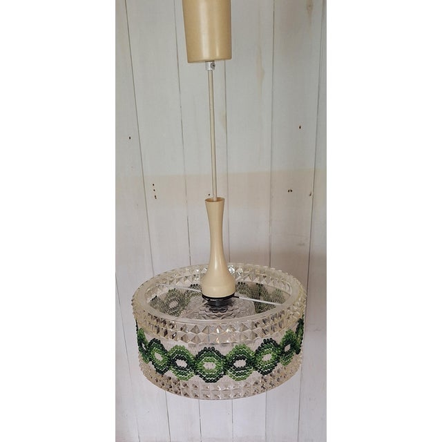 Vintage Ceiling Lamp with Round Clear Plastic Shade and Green Fabric Trim from ME, 1970s For Sale - Image 4 of 8