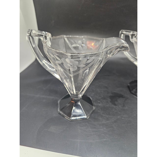 Art Deco Vintage Art Deco Glass Sugar & Creamer Floral Wheel Cut W/ Black Base Geometric For Sale - Image 3 of 5