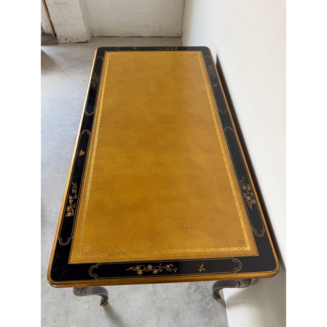 Vintage Baker Furniture Chinoiserie Desk Table With Leather on Top & Brass Handles For Sale - Image 13 of 18