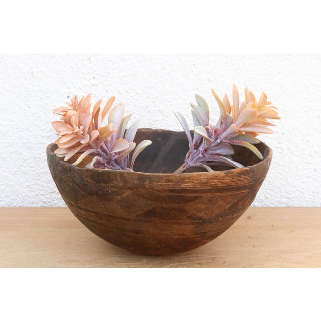 Brown Handcarved African Rounded Wooden Bowl For Sale - Image 8 of 8