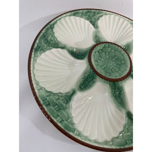 Ceramic 1930s French Longchamp Green and White Majolica Oyster Plate For Sale - Image 7 of 14