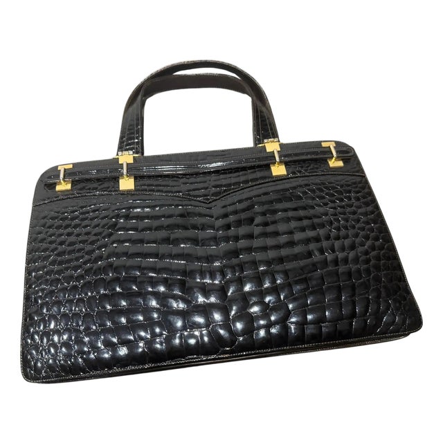 1970s Vintage Glossy Embossed Black Leather and Brass Italian Hand Bag For Sale