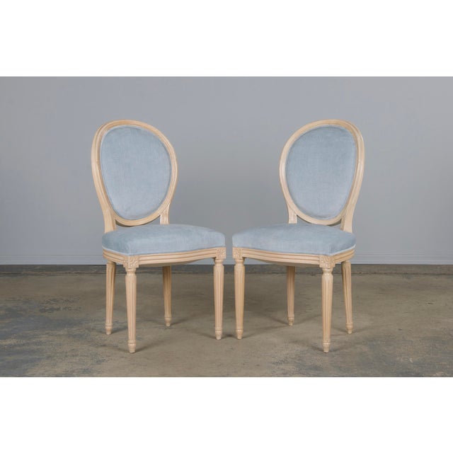 Mid 20th Century French Louis XVI Style Painted Dining Chairs W/ Light Blue Velvet - Set of 6 For Sale - Image 5 of 12