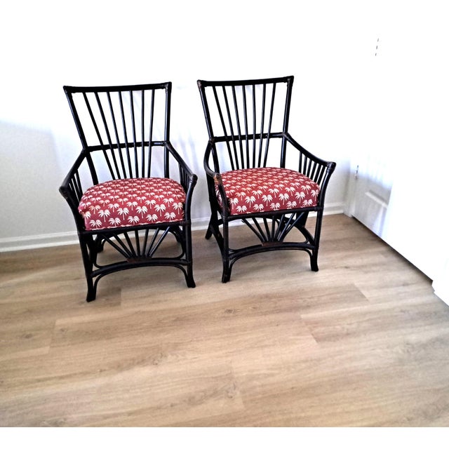 Palecek Vintage Dark Tone Armchair Tropical Motif Upholstered Seat Accent Chair – Pair For Sale - Image 10 of 11