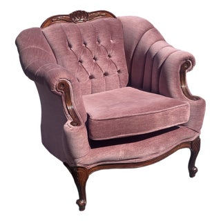 Vintage French Provincial Blush Pink Velvet Armchair With Carved Wood Frame For Sale