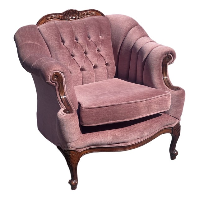 Vintage French Provincial Blush Pink Velvet Armchair With Carved Wood Frame For Sale