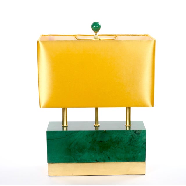 Gemstone Mid-Century Modern Italian Art Deco-Style Dark Green Jade and Brass Table Lamps For Sale - Image 7 of 11