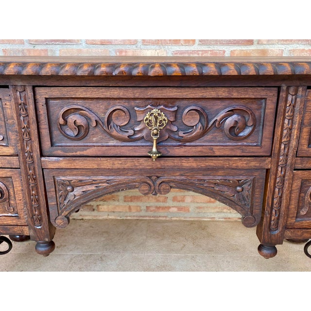 19th Century French Renaissance Hand Carved Desk or Writing Table with Carved Structure and Iron Stretcher For Sale - Image 16 of 18