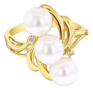 Three Pearl Diagonal Cluster Ring with Diamond Accents 14k Yellow Gold, Size 9