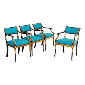 1980s Regency Style Gilt and Ebonized Armchairs With Turquoise Blue Upholstery - Set of 4