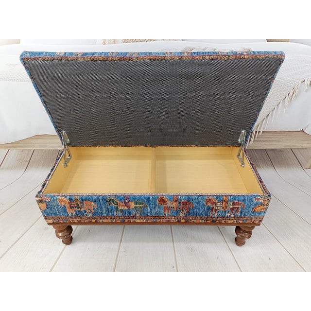Wood Horse Design Rug Print Fabric Upholstered Hallway Storage Bench For Sale - Image 7 of 8