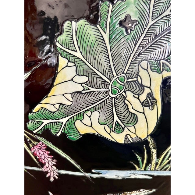 Huge Chinese Famille Noire Black Porcelain Jardiniere, Mandarin Ducks, Birds & Lotus Pond Goldfish Bowl Planter, Signed, Hong Kong For Sale - Image 11 of 14