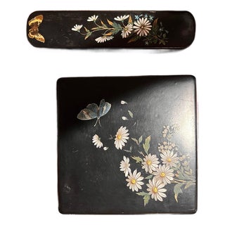 Antique Japanese Black Lacquer Box Set Daisy Butterfly Hand Painted Urushi For Sale