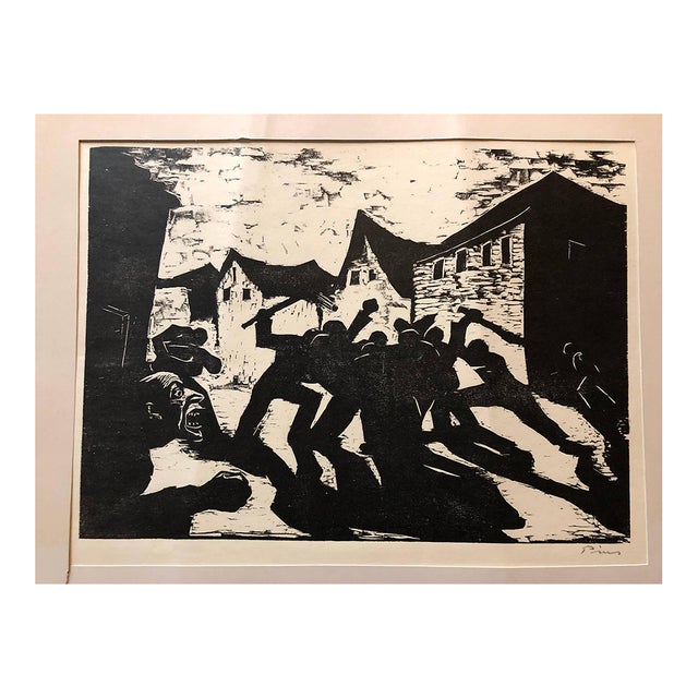 Jacob Pins, German Israeli Expressionist Woodcut Print Pencil Signed Street Fight For Sale