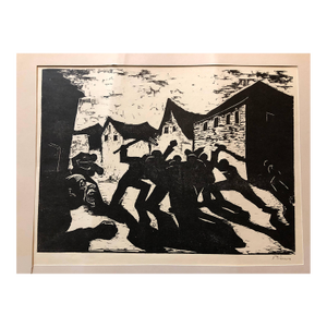 Jacob Pins, German Israeli Expressionist Woodcut Print Pencil Signed Street Fight