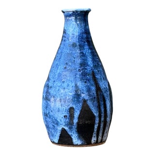 Vintage Blue Glazed Ceramic Vase For Sale