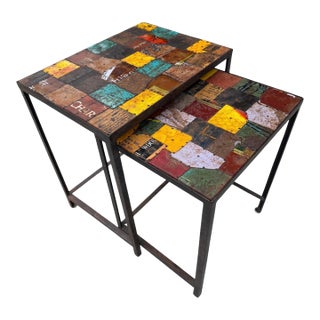 Vintage Industrial Reclaimed Metal Signage Nesting Tables - Pair For Sale