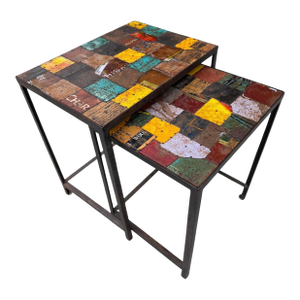 Vintage Industrial Reclaimed Metal Signage Nesting Tables - Pair