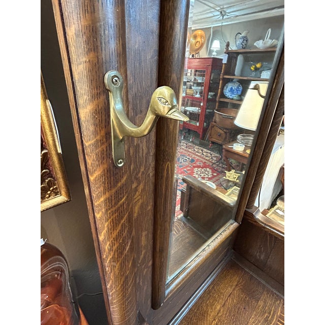 Antique Tiger Oak Hall Tree With Bevelled Mirror & Duck Coat Hooks For Sale - Image 4 of 18