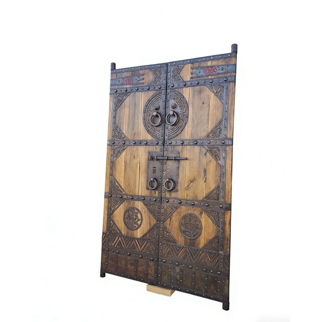 Chinese Antique Chinese Wood Doors With Geometric Iron Medallions For Sale - Image 3 of 3