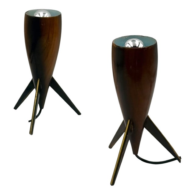 Wooden Rocket Tripod Table Lamps, 1960s, Set of 2 For Sale