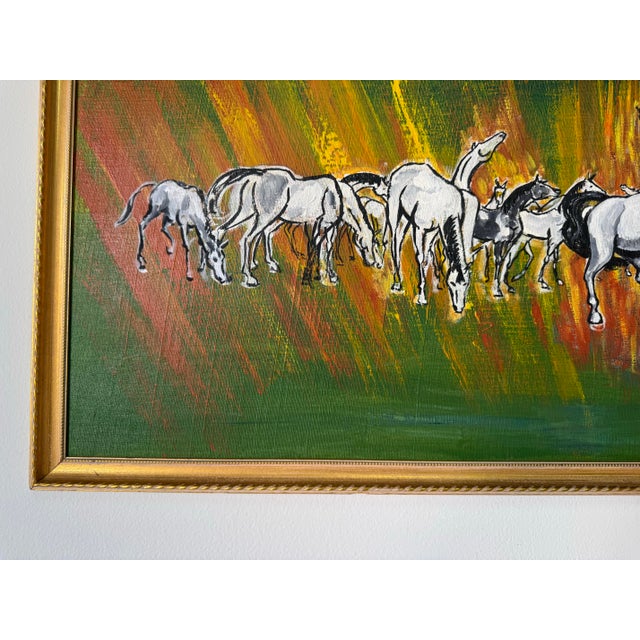 Wood 1960’s Vintage Horses Landscape Oil on Canvas Painting by R. Horwitz For Sale - Image 7 of 10