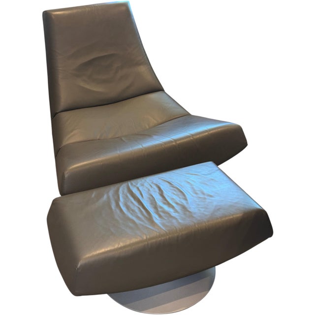 Modern 1970's Italian Leather Swivel Lounge Chair and Ottoman For Sale - Image 3 of 7