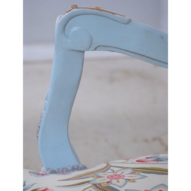 Pair of French Provincial Blue Frame Open Arm Chairs For Sale - Image 13 of 18