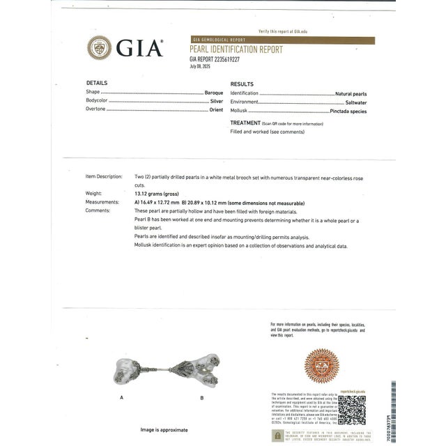 White 1930s Platinum GIa Certified Natural Pearl Diamond Jabot Pin For Sale - Image 8 of 8