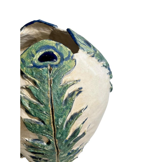 Ceramic Vintage Italian Earthenware Vase With Stylized Peacock Feather Design For Sale - Image 7 of 13