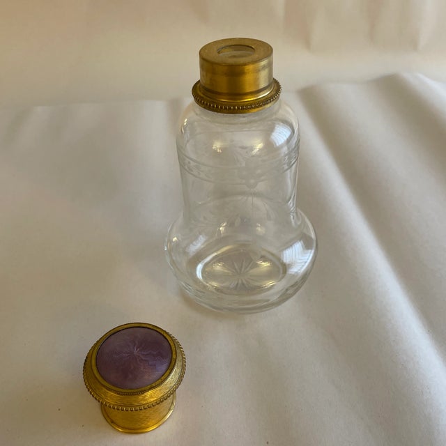 Fine 19th century etched perfume bottle with floral swag festoons. Pink guilloche enamel gold gilt cap. French