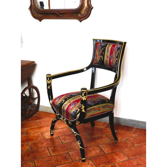 Wood Italian Black Lacquer and Gilt Armchair with Floral Cotton Satin Upholstery, 1980s For Sale - Image 7 of 9
