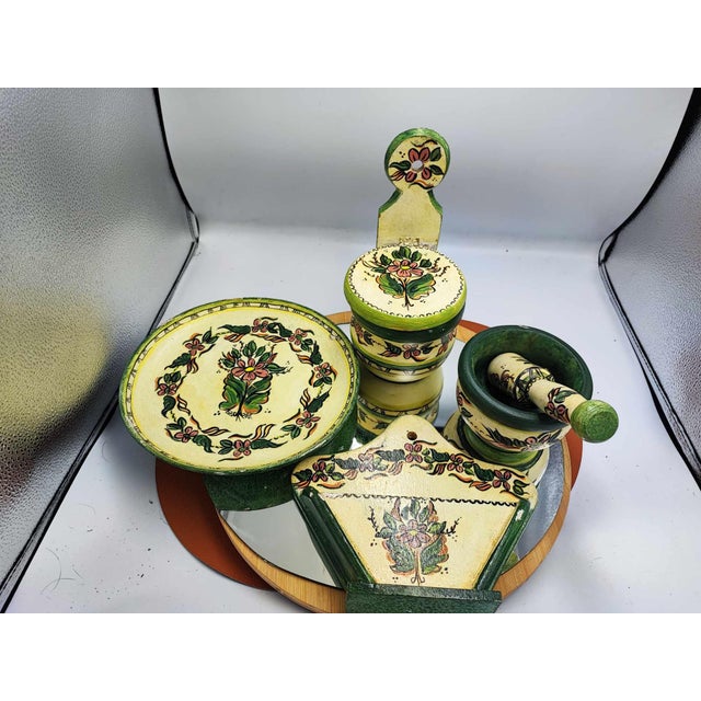 Art Deco Wooden Painted Mortar, Container and Platter, 1930s, Set of 5 For Sale - Image 13 of 13