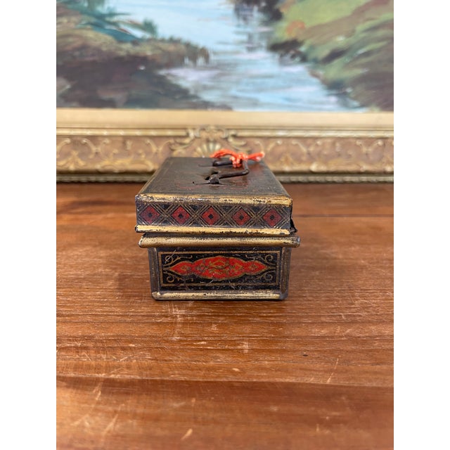 Metal Likely Antique Toleware Painted Tin Lock Box With Key, 19th Century For Sale - Image 7 of 10