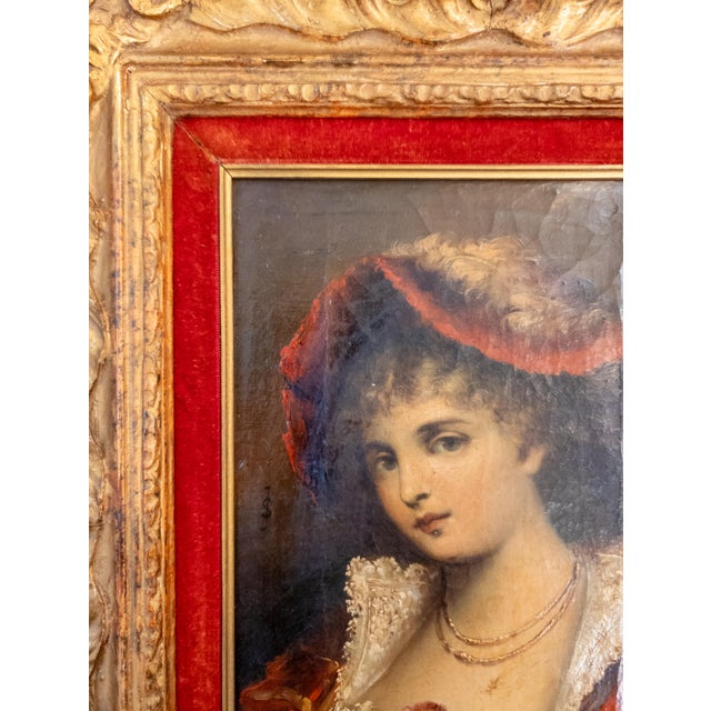 Red 19th Century Continental European French Style Portrait Painting of a Lady in Red, Signed For Sale - Image 8 of 14
