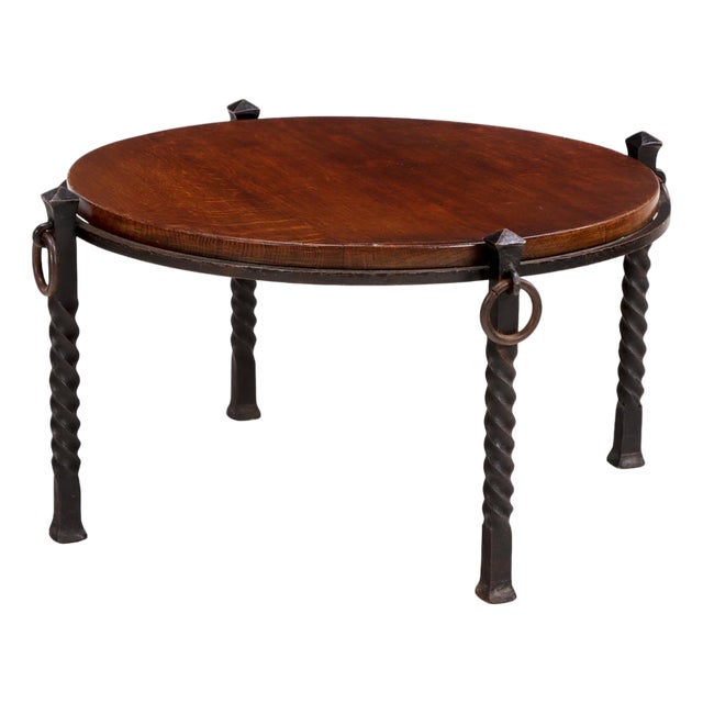 French Brutalist Oak and Iron Coffee Table, C. 1960 For Sale