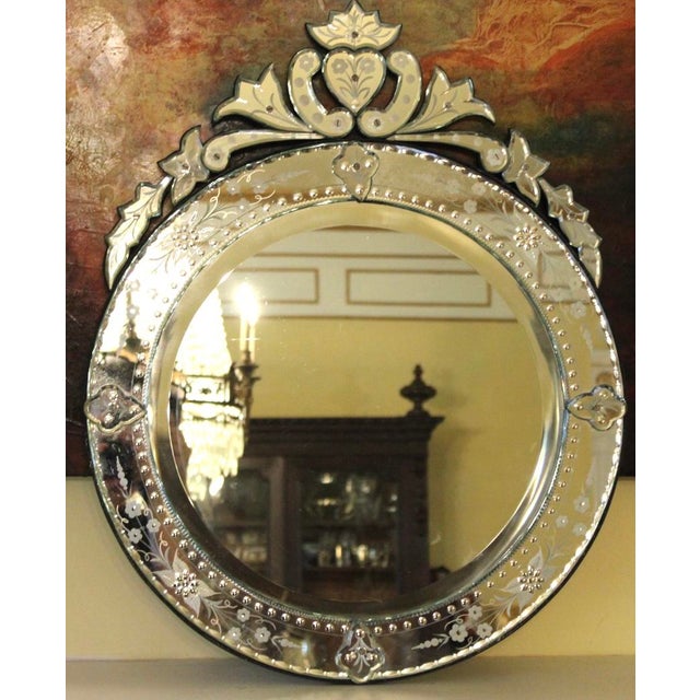 Vtg Venetian Murano Glass Mirror Etched Floral Round Italian MCM, 28.5" T x 22.5" W Good condition with no chips or...