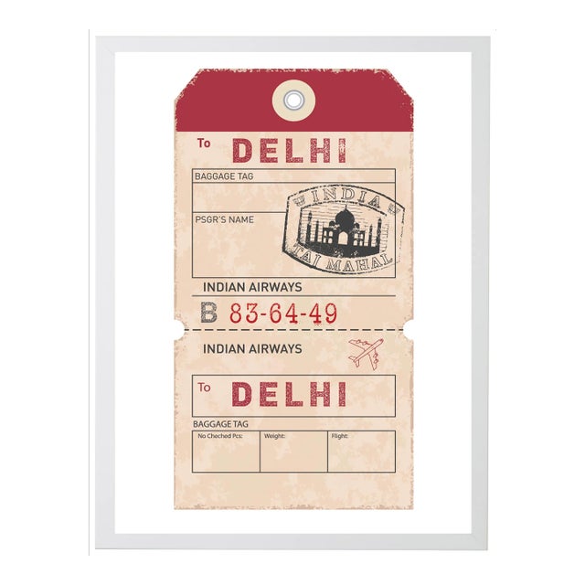 Delhi Travel Ticket Print in White Shadowbox - 13" x 17" For Sale