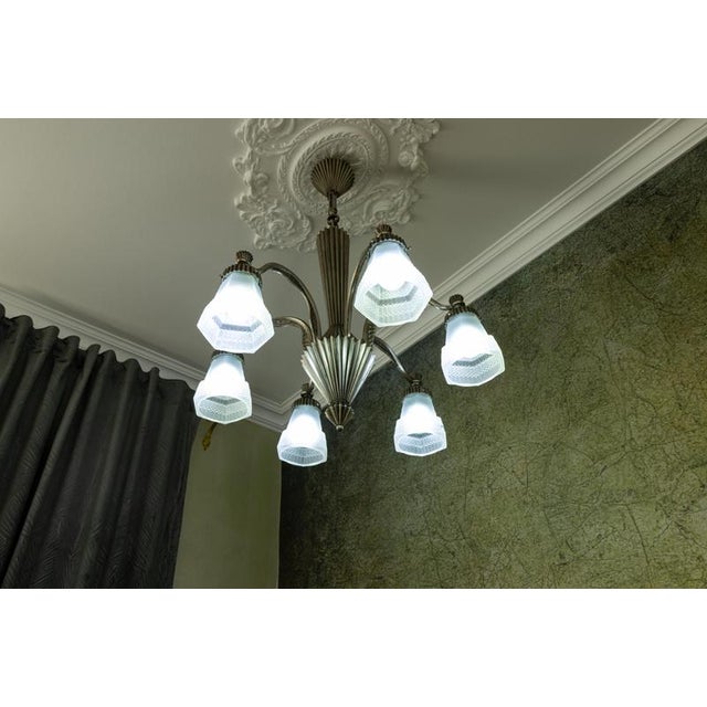 Art Deco French Bronze and Frosted White Glass Six-Light Chandelier, 1930s For Sale - Image 11 of 18